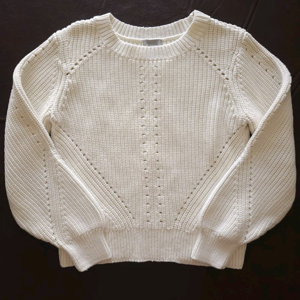 H&M Sweater Large Ivory Knitted Ribbed Chunky Cotton Preppy Cozy Beach